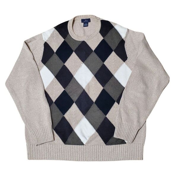 Dockers Mens Sz Large Argyle Sweater Crewneck Cotton Beige Black & Green - Picture 1 of 8
